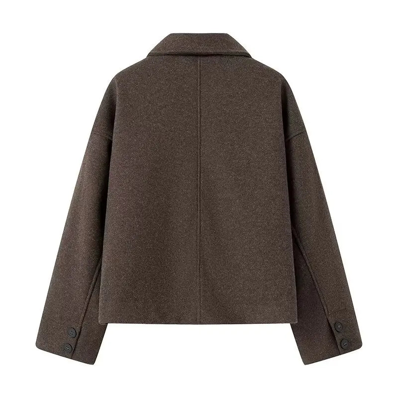 Manteau pour femme en laine synthétique, manches longues, col à revers, boutonnage simple