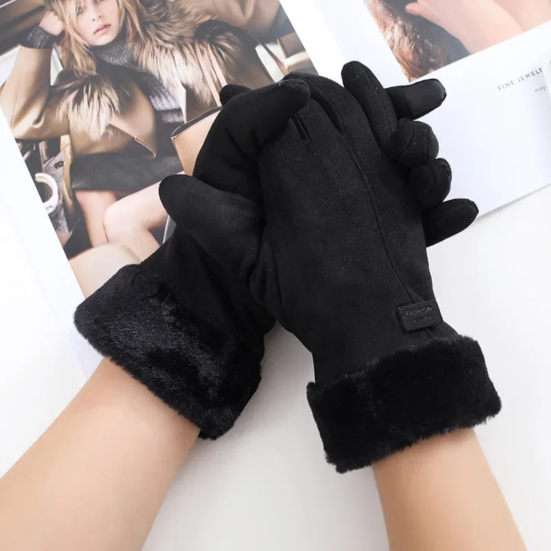 Gants d’hiver pour femme en peluche, à doigts complets avec fonction tactile