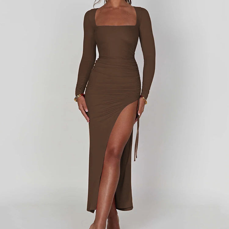 Robe Moulante Longue Femme à Col Carré, Fente Haute et Manches Longues