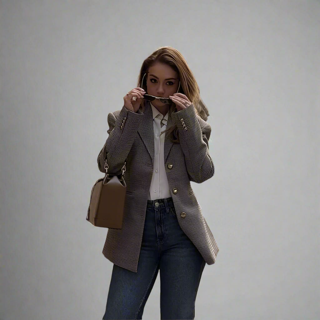 Blazer pour femme à carreaux pied-de-poule, manches longues, boutonnage simple