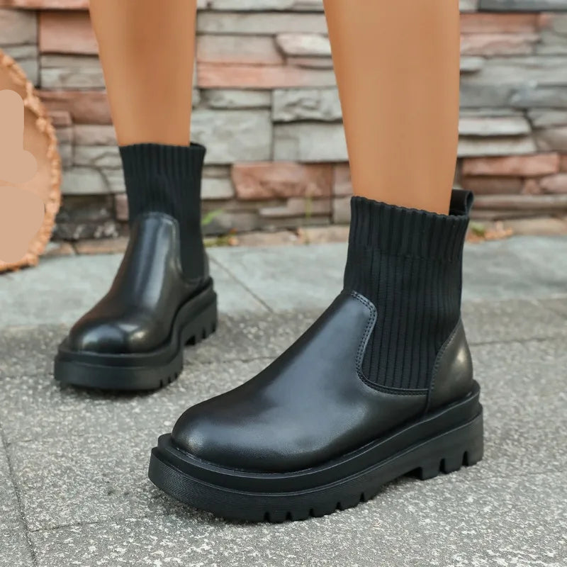 Bottines courtes rétro pour femme à talon épais, modèle élastique à enfiler