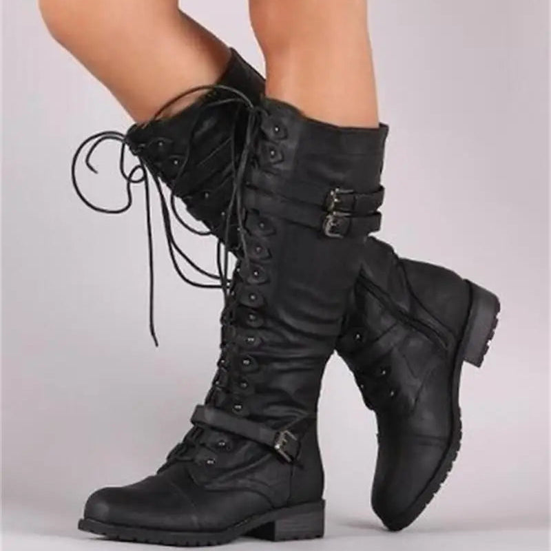 Bottes hautes en PU à lacets avec boucle décorative pour femme