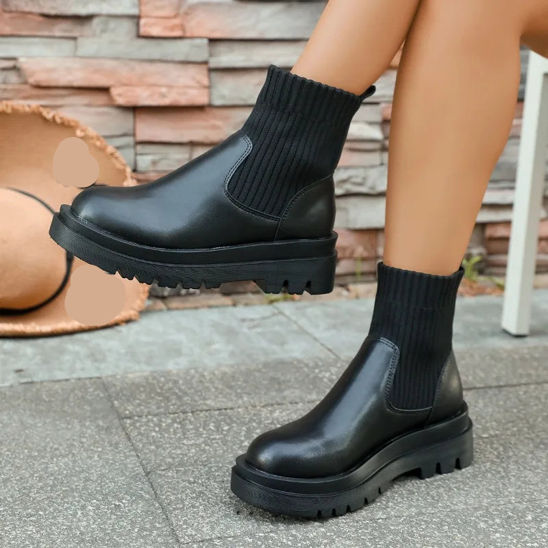 Bottines courtes rétro pour femme à talon épais, modèle élastique à enfiler