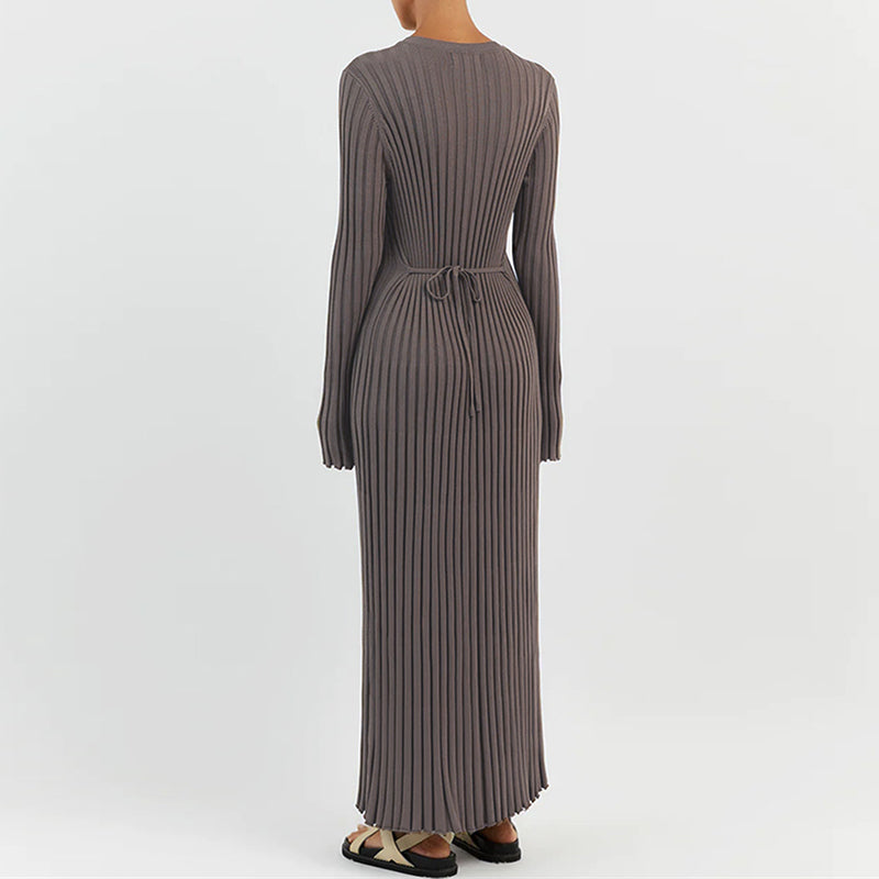 Robe Longue en Maille Côtelée à Col Rond pour Femme