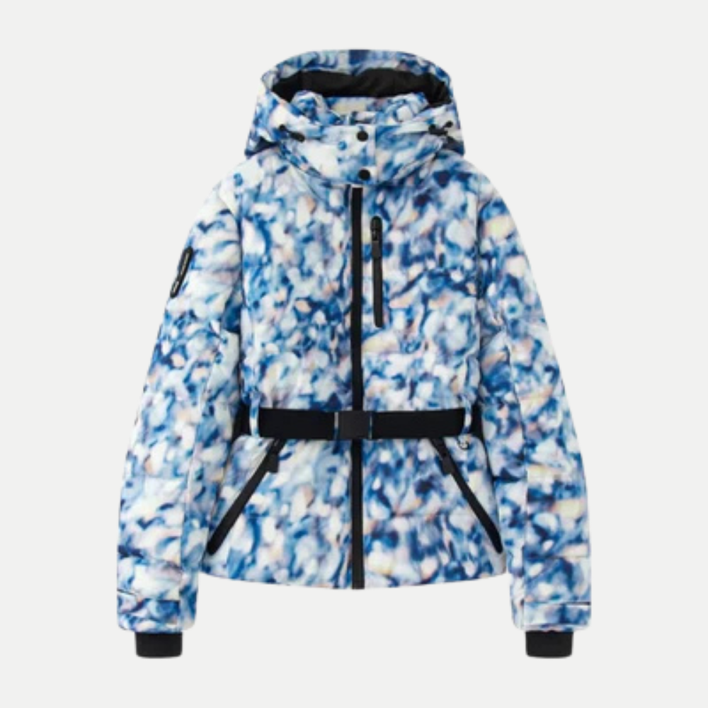 Doudoune Imprimée Femme à Capuche avec Ceinture et Fermeture Zippée