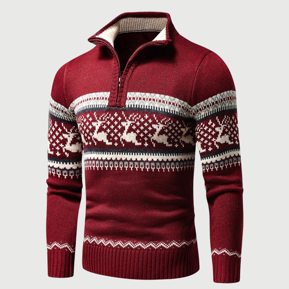 Pull Homme à Demi-Zip en Jacquard avec Col Montant et Motif Nordique