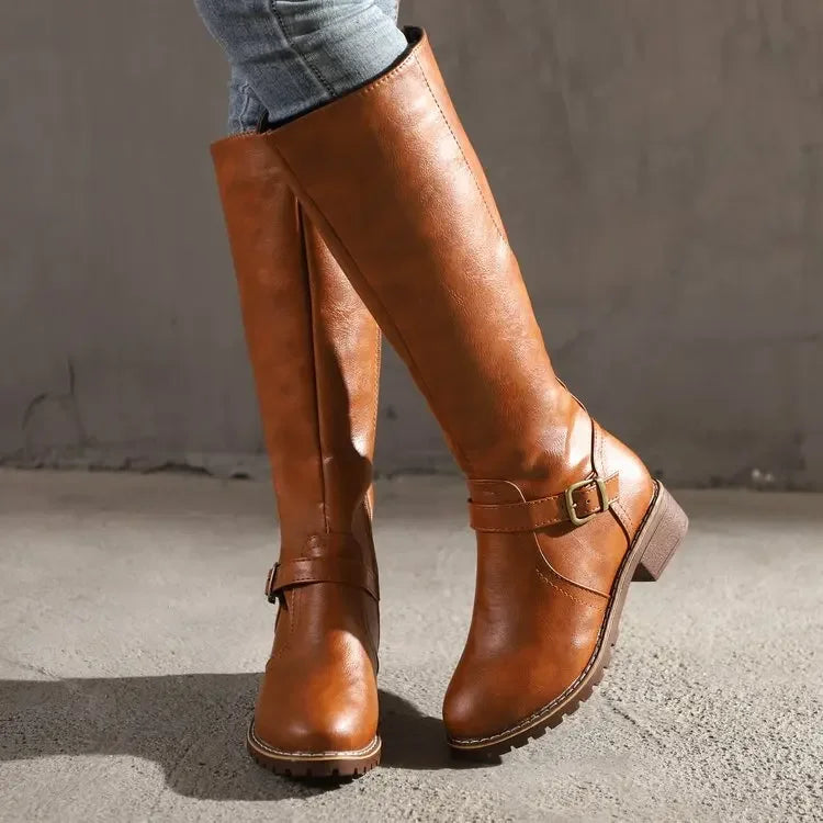 Bottes Hautes Femme à Bout Rond en PU avec Détail Métallique