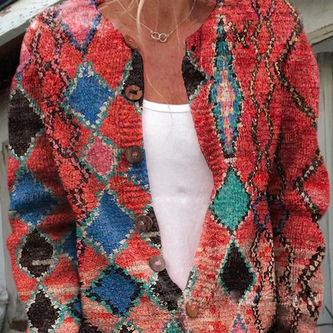 Cardigan en Maille Femme | Motif Floral Boutonné