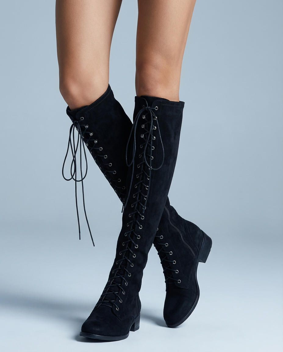Damesnørestøvler i syntetisk lædereffekt med dekorative detaljer