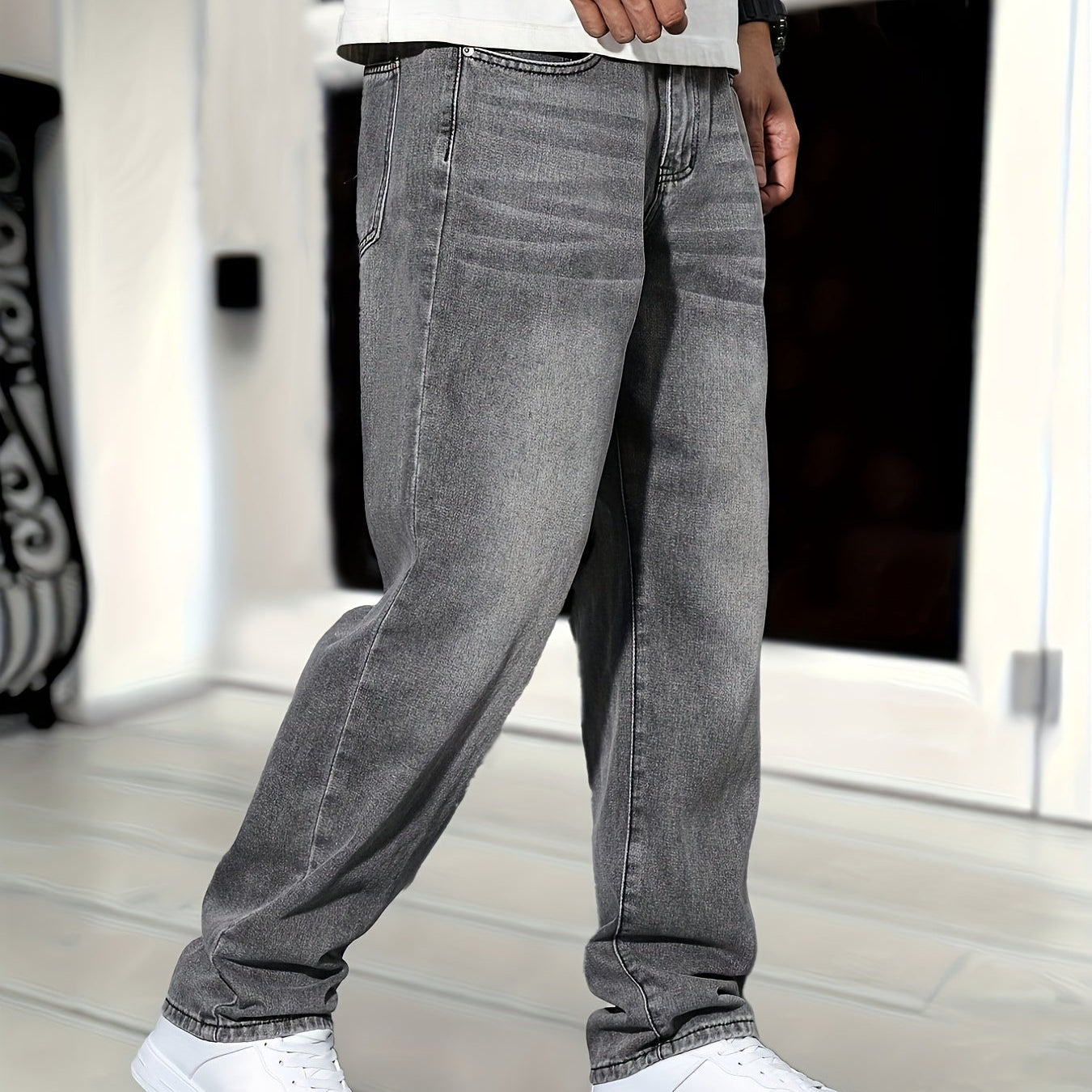 Jean Homme Gris Coupe Droite en Denim avec Braguette Zippée et 5 Poches