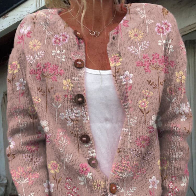 Cardigan en Maille Femme | Motif Floral Boutonné