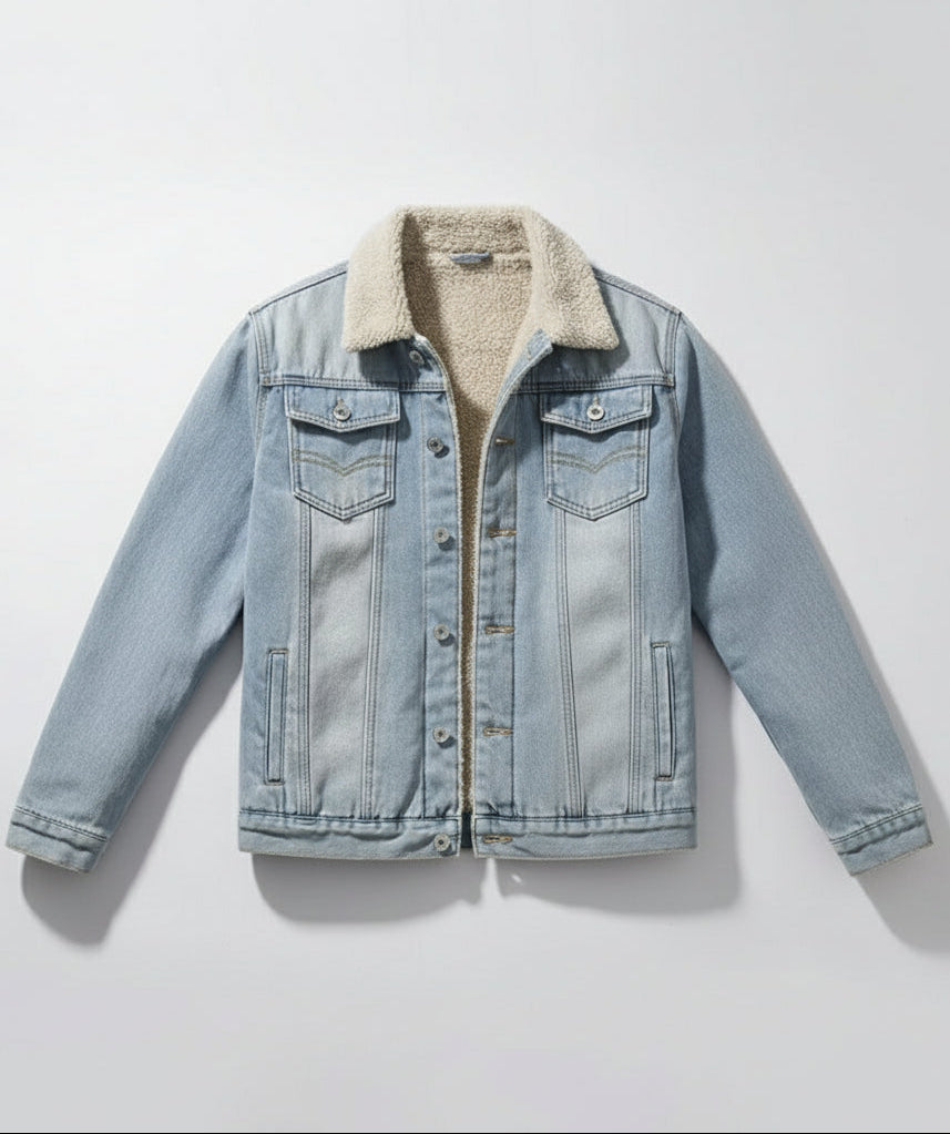 Vest i denimlook med fleeceforing og knapper til mænd
