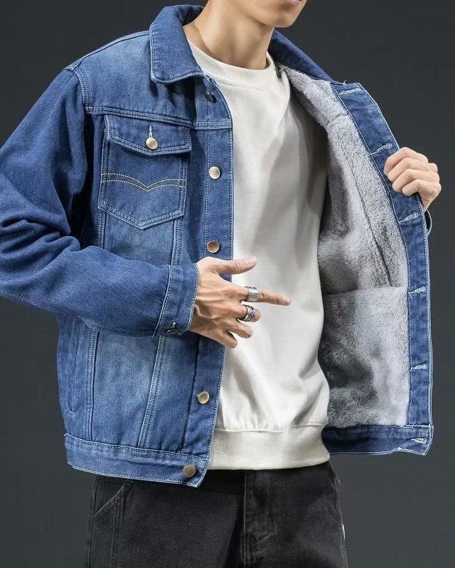 Vest i denimlook med fleeceforing og knapper til mænd