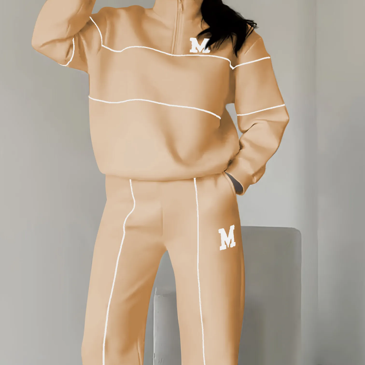 Ensemble Femme Sweat à Col Montant Zippé et Pantalon à Rayures