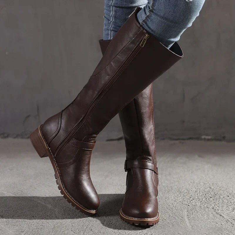 Bottes Hautes Femme à Bout Rond en PU avec Détail Métallique