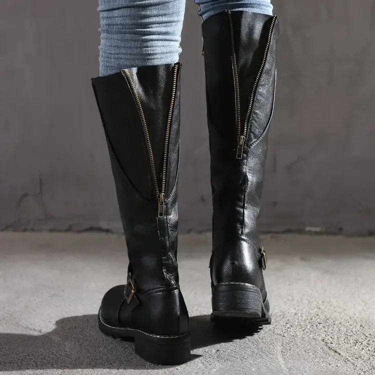 Bottes Hautes Femme à Bout Rond en PU avec Détail Métallique