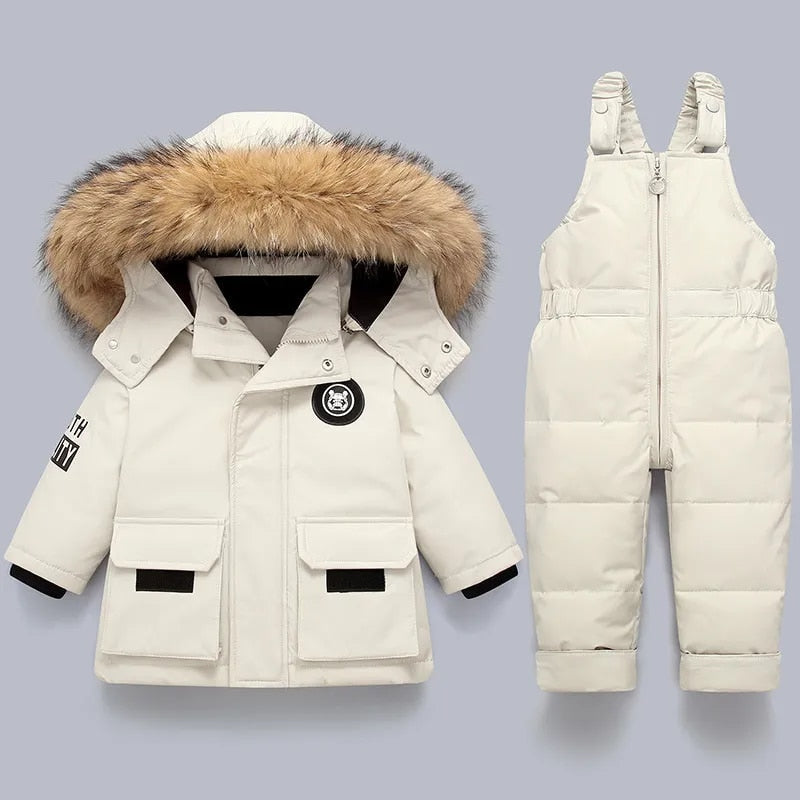 Ensemble Hiver Enfant avec Veste Matelassée à Capuche et Salopette