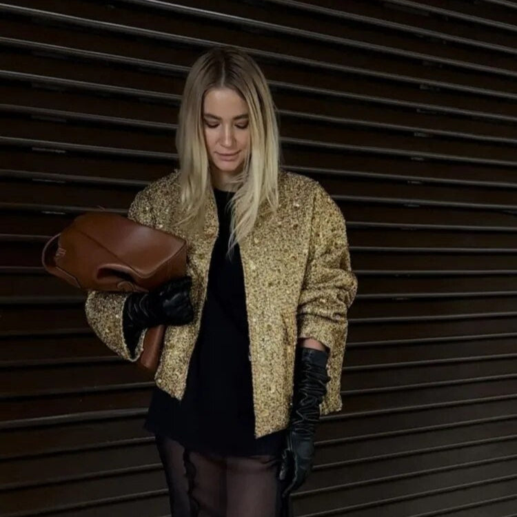 Veste bomber courte à sequins pour femme