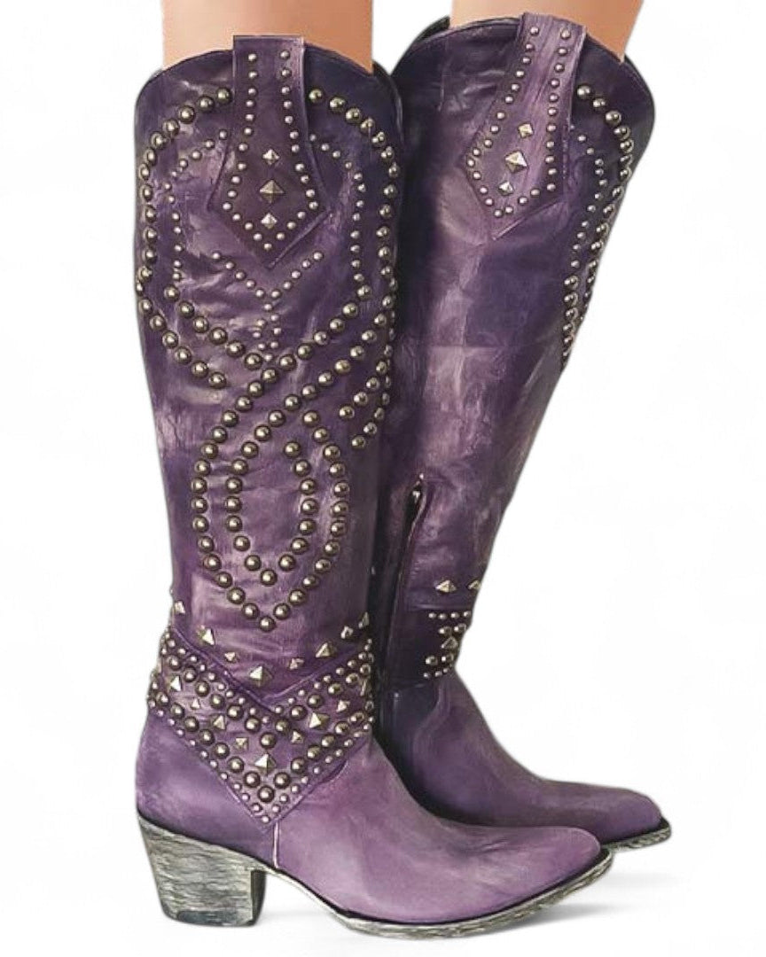 Bottes Hautes à Clous à bout pointu et talon bloc pour Femme