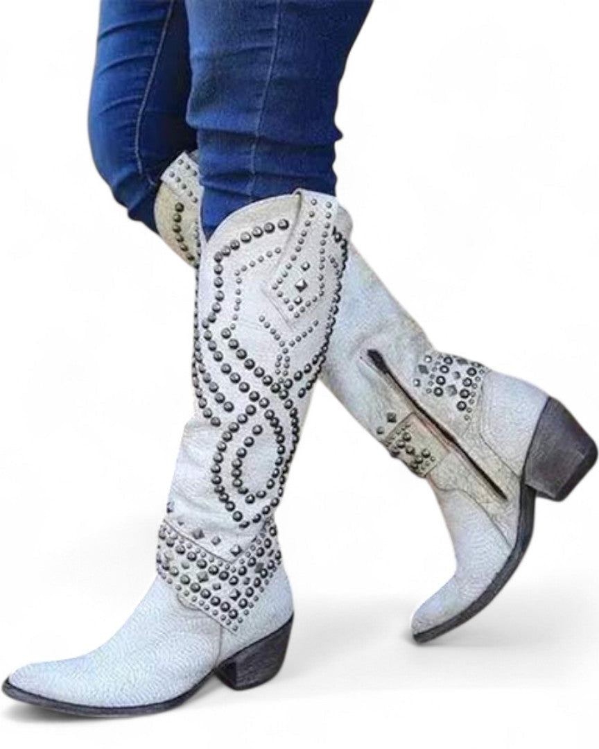 Bottes Hautes à Clous à bout pointu et talon bloc pour Femme