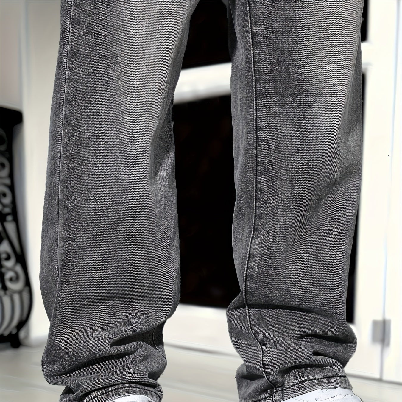 Jean Homme Gris Coupe Droite en Denim avec Braguette Zippée et 5 Poches