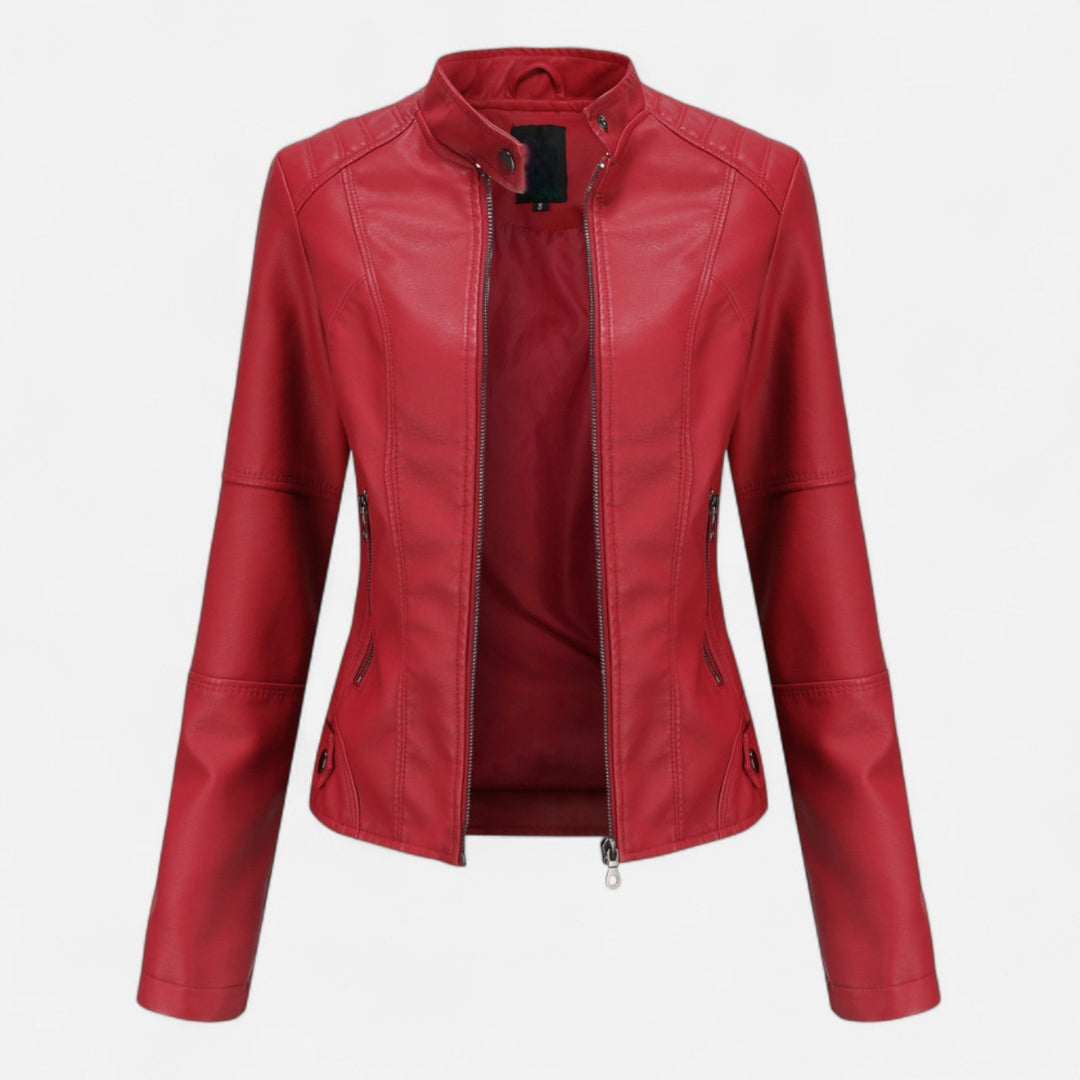 Veste style motard pour femme en matière synthétique avec col montant