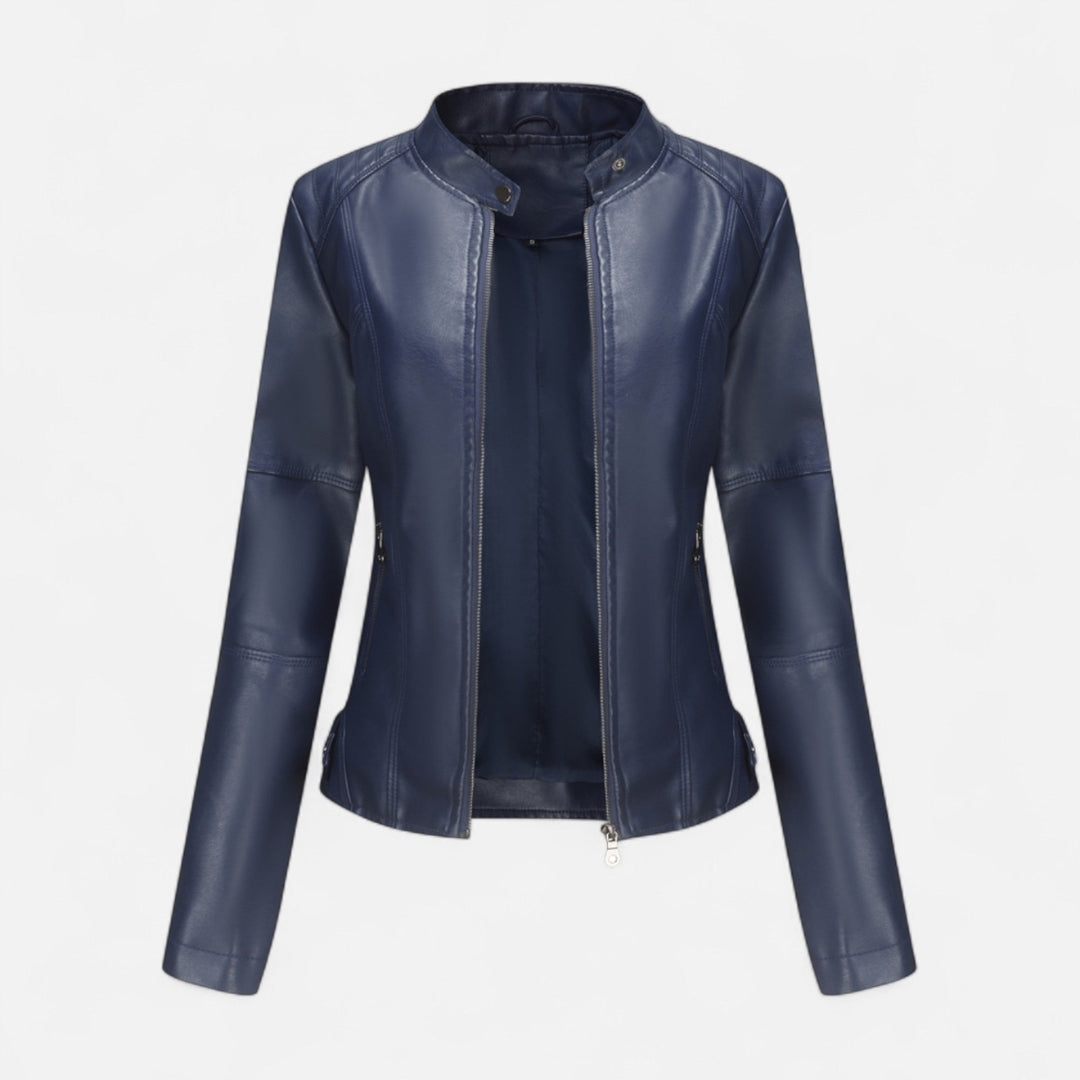 Veste style motard pour femme en matière synthétique avec col montant