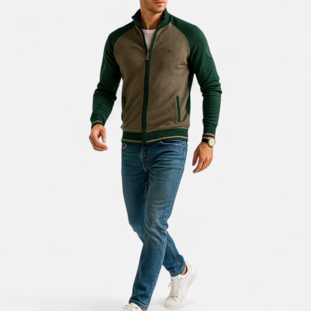 Veste en maille zippée à col montant pour homme à empiècements colorés