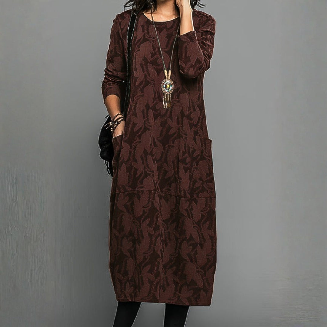 Robe mi-longue à manches longues imprimée avec poches pour femme
