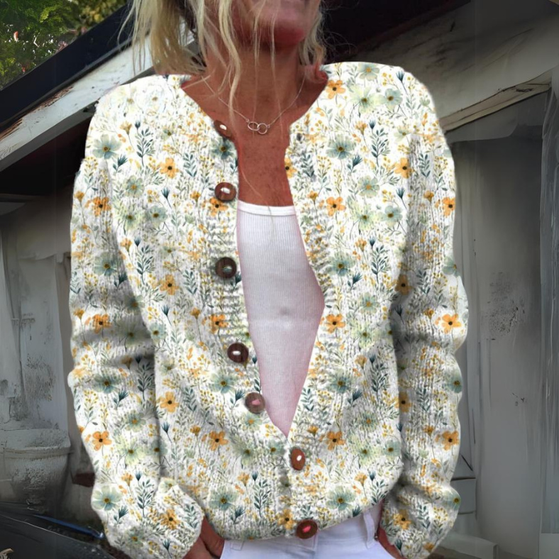 Cardigan en Maille Femme | Motif Floral Boutonné