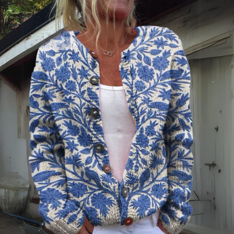 Cardigan en Maille Femme | Motif Floral Boutonné