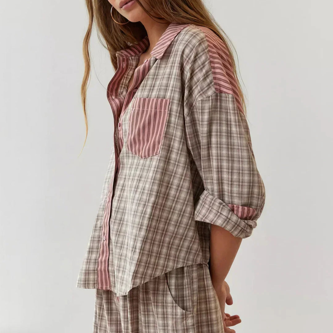 Ensemble chemise et pantalon à rayures et à carreaux pour femme