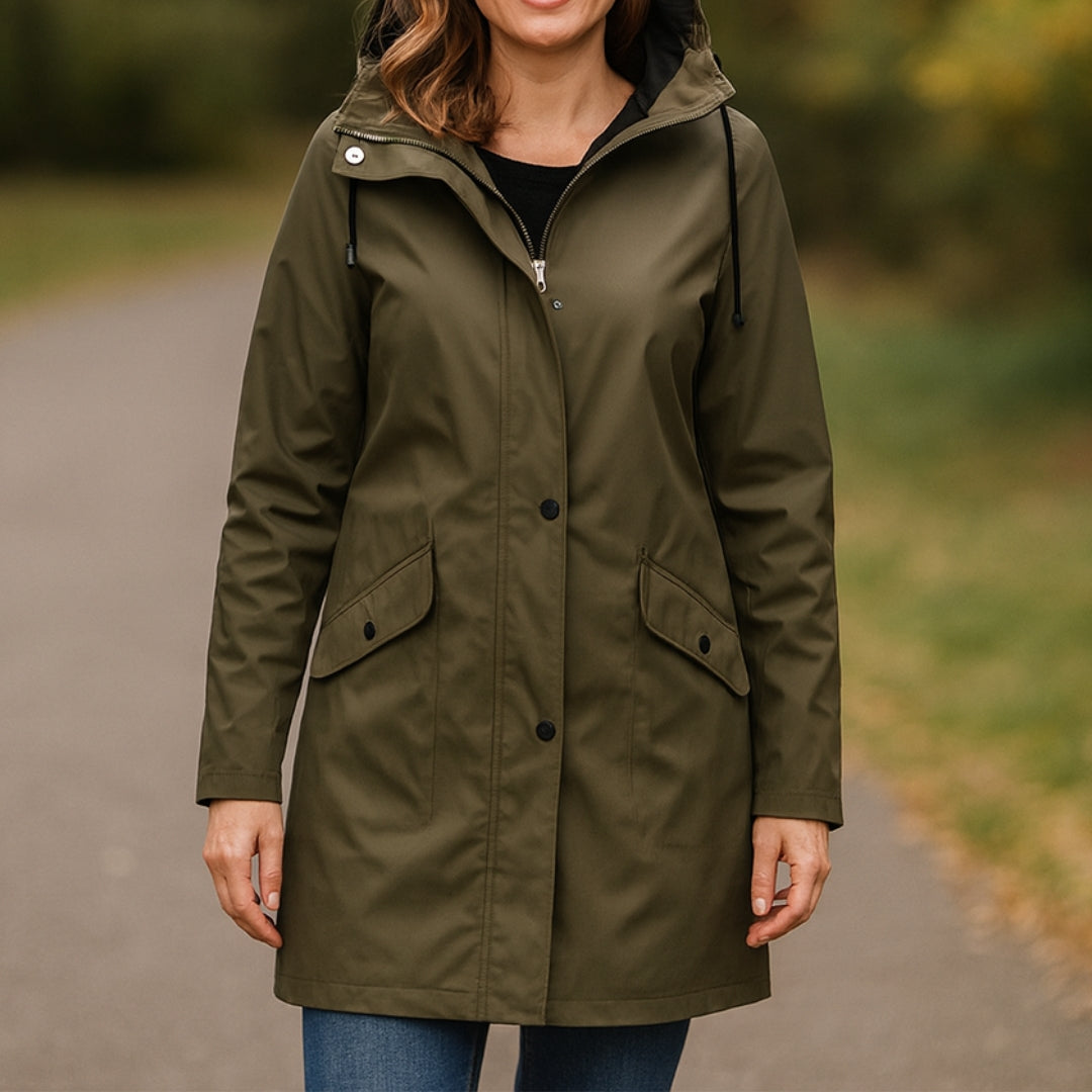 Manteau de pluie long à capuche avec poches pour femme – tissu déperlant