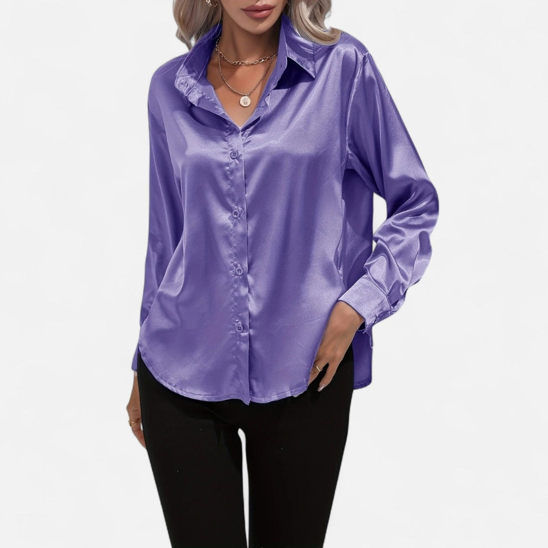 Blouse à manches longues en tissu satiné à boutons pour femme