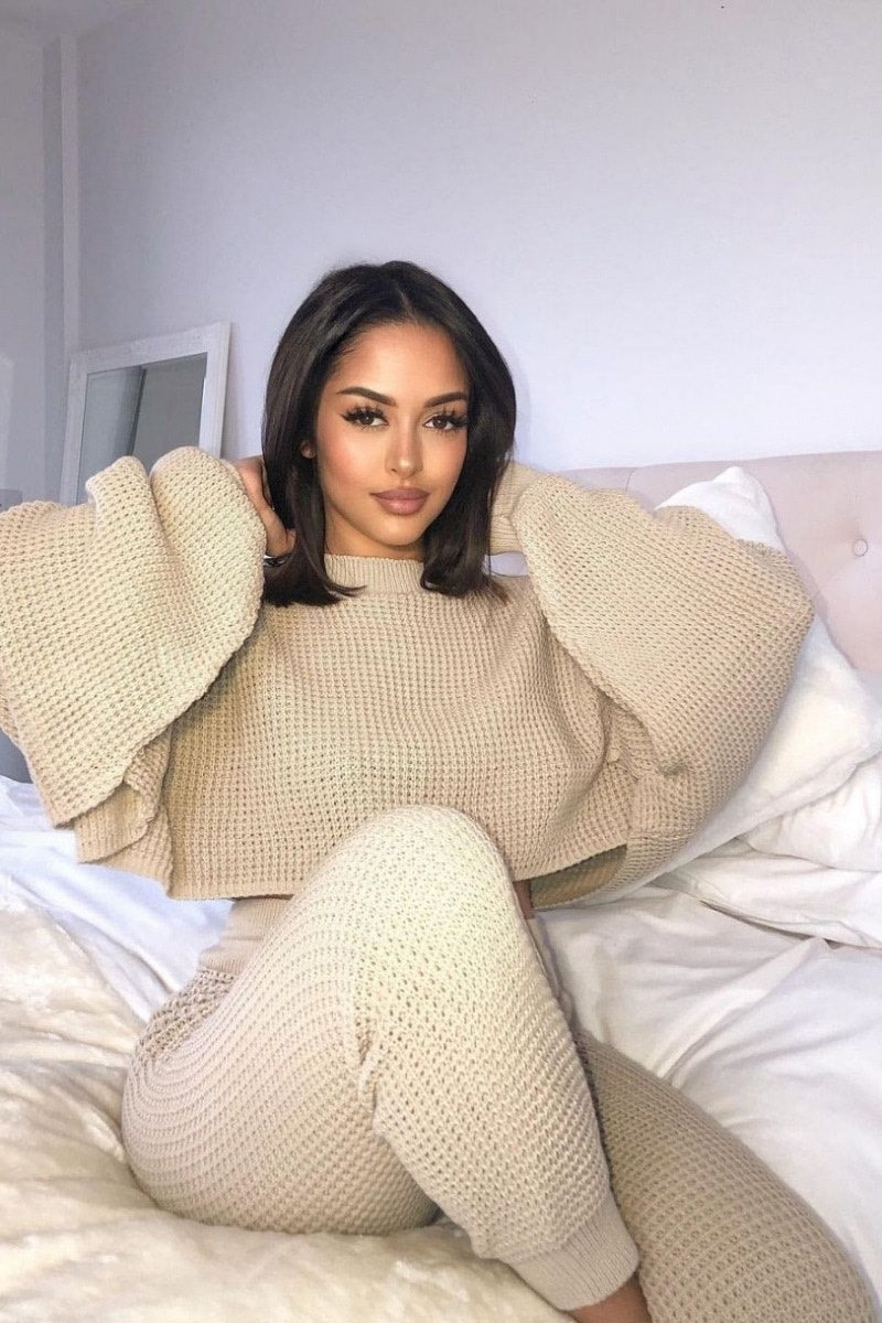 Ensemble tricot beige à taille haute pour femme