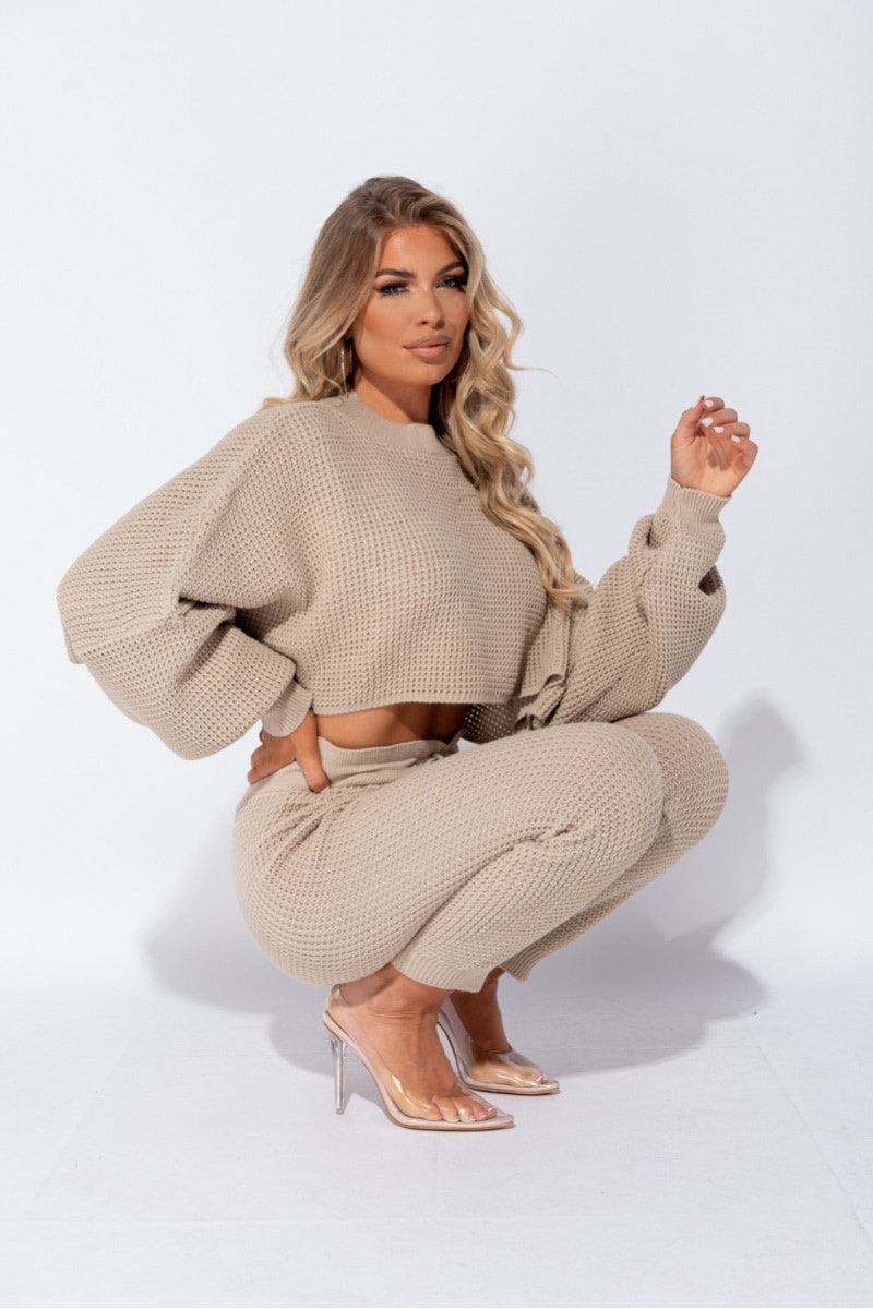 Ensemble tricot beige à taille haute pour femme