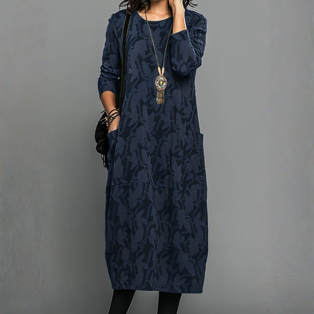 Robe mi-longue à manches longues imprimée avec poches pour femme