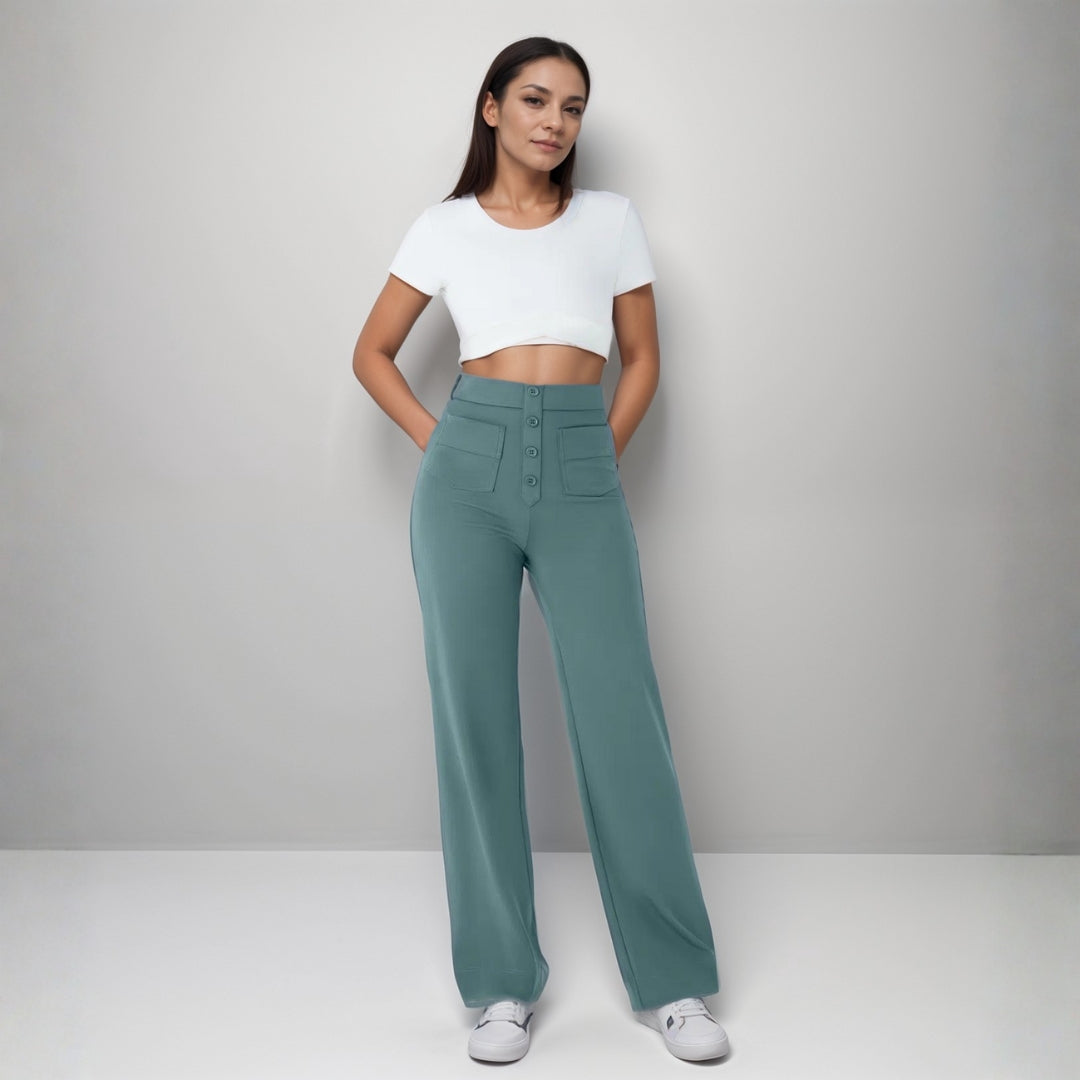 Pantalon Droit Taille Haute avec Poches pour Femme