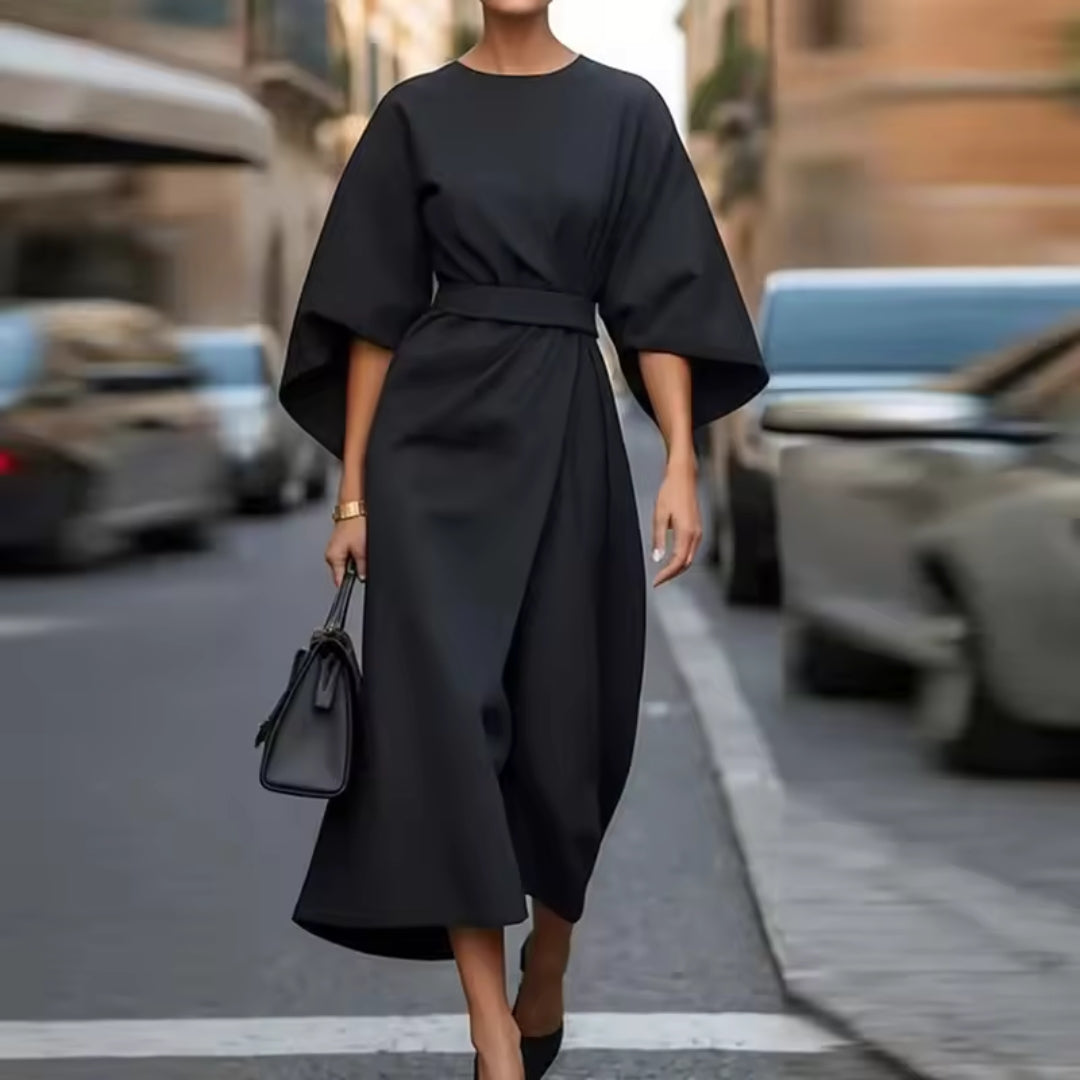 Robe évasée à manches longues et col rond avec ceinture pour femme