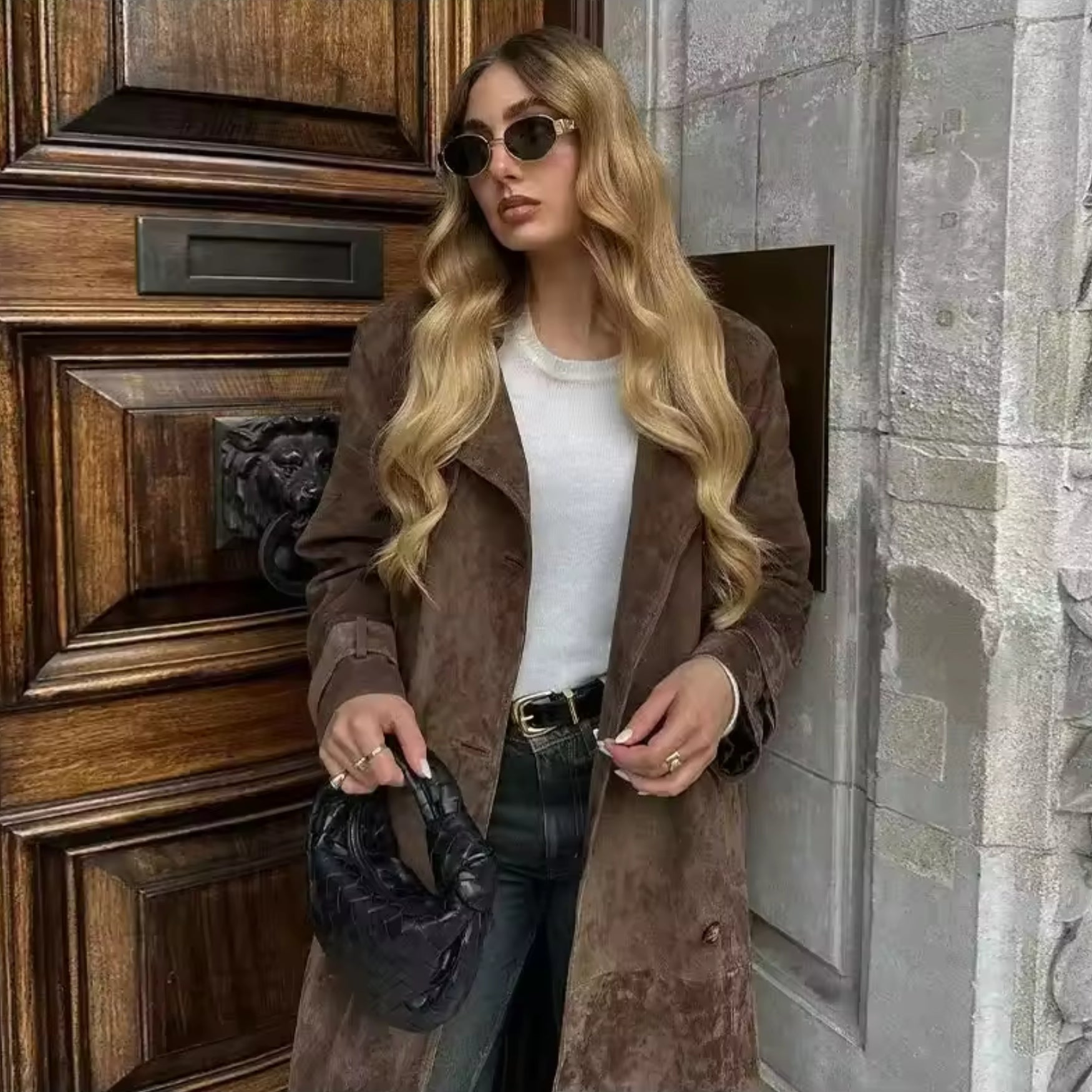 Manteau trench long à boutons et ceinture pour femme