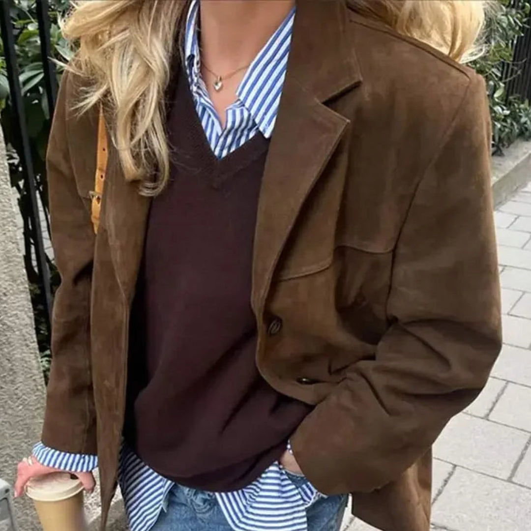 Veste blazer femme à un bouton en matière synthétique effet suédé