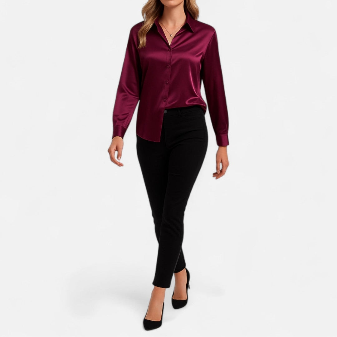 Blouse à manches longues en tissu satiné à boutons pour femme