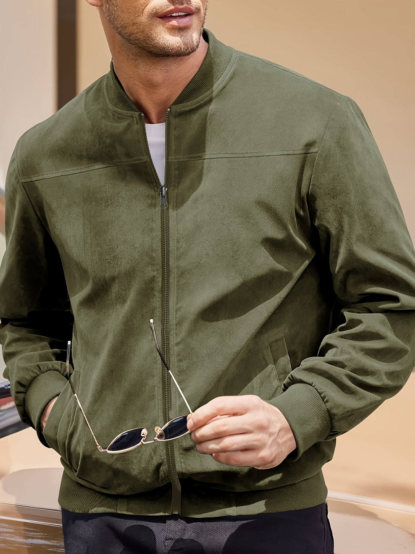 Bomberjakke med lynlås i ruskindslook til mænd