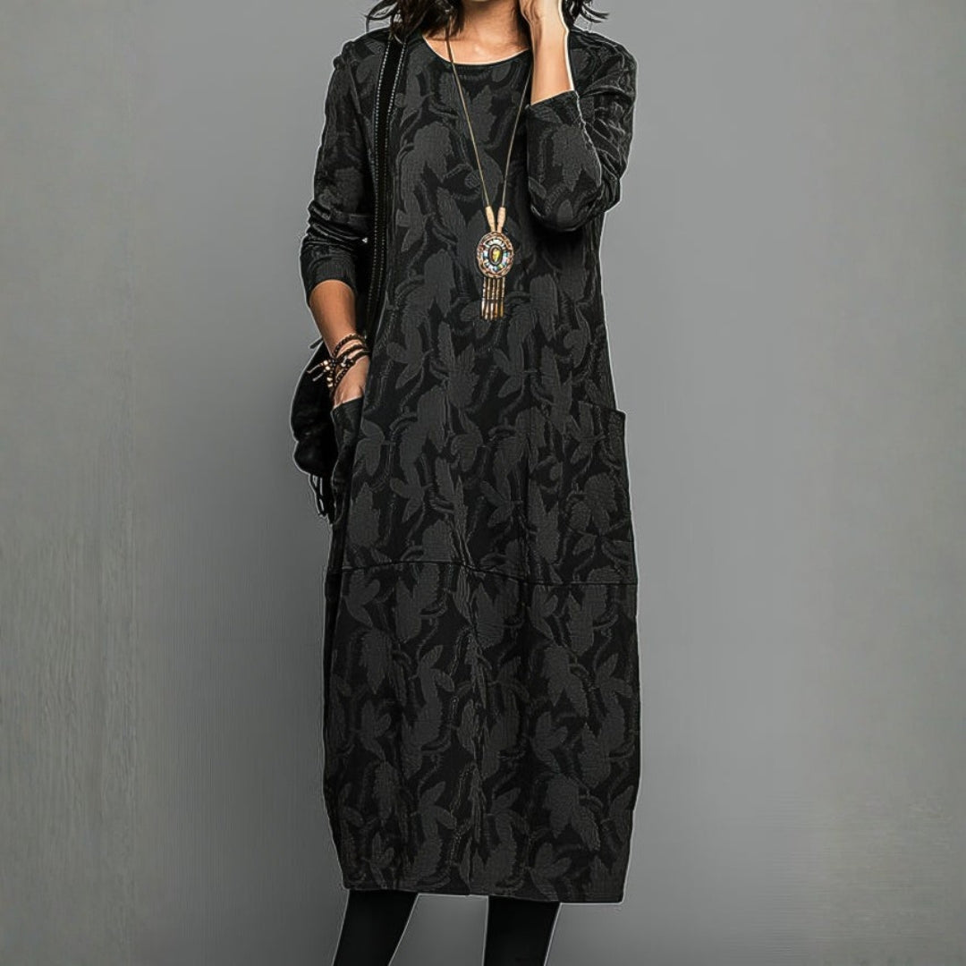 Robe mi-longue à manches longues imprimée avec poches pour femme
