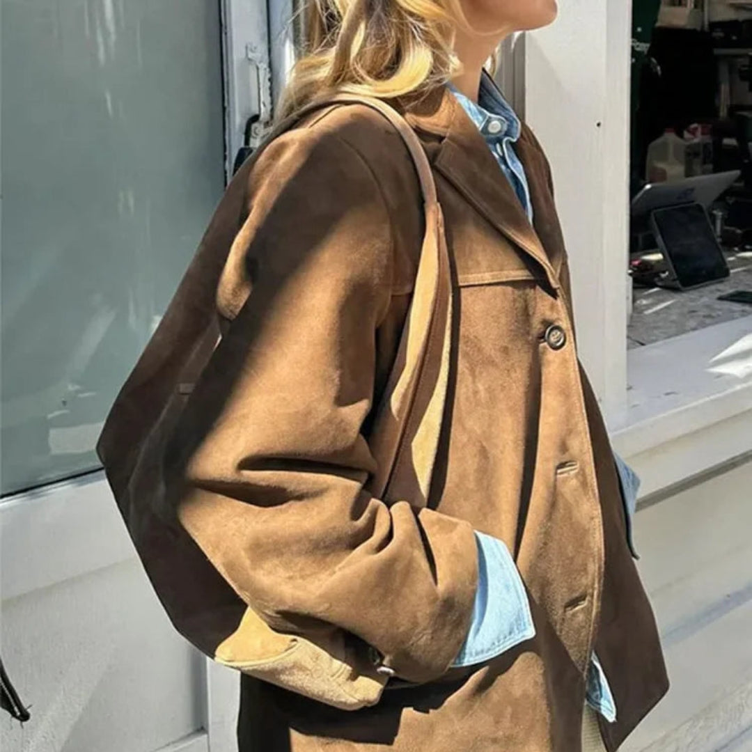 Veste blazer femme à un bouton en matière synthétique effet suédé