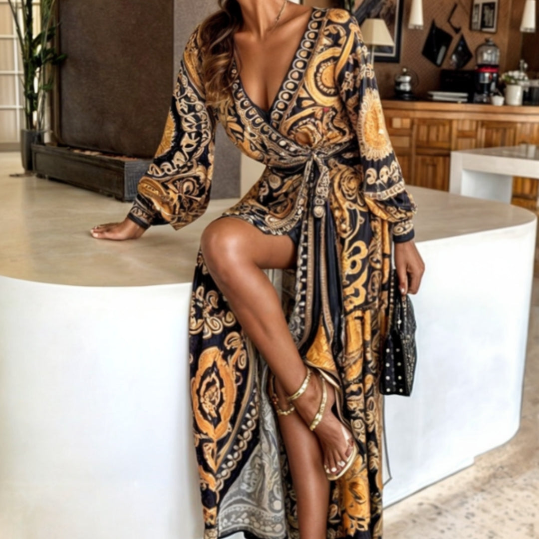 Robe Longue Imprimée à Manches Longues et Col en V pour Femme