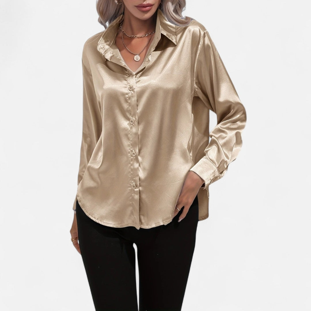 Blouse à manches longues en tissu satiné à boutons pour femme