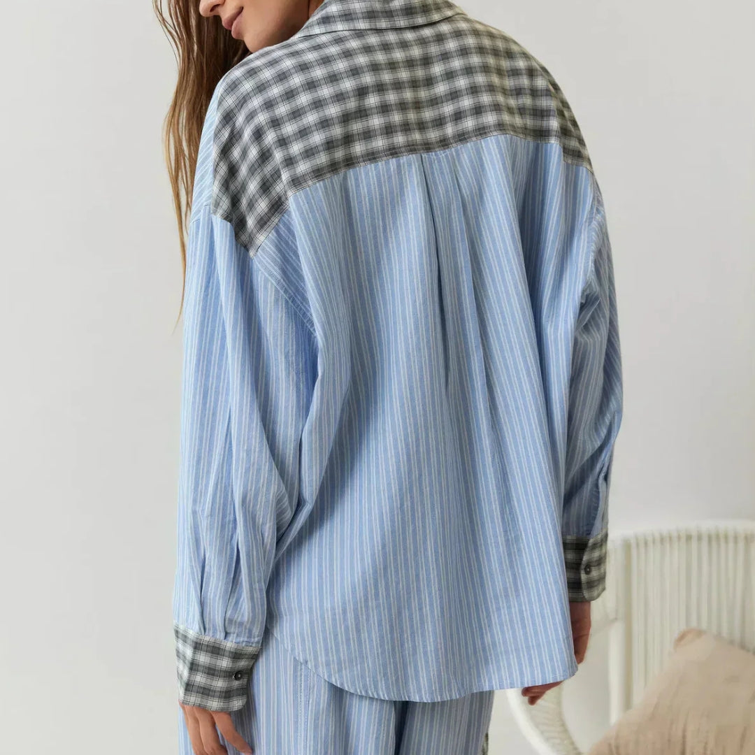 Ensemble chemise et pantalon à rayures et à carreaux pour femme