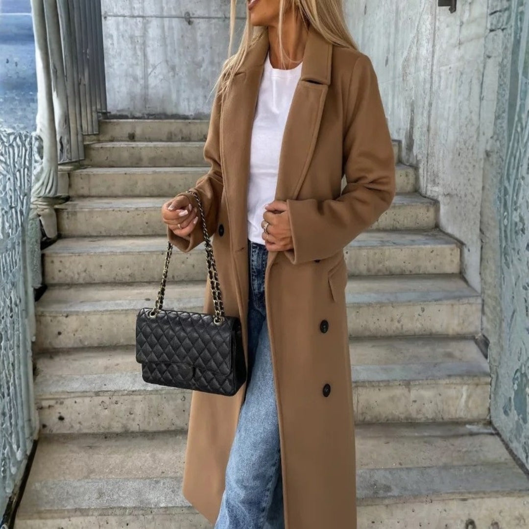 Manteau long à double boutonnage avec ceinture pour femme en tissu mélangé