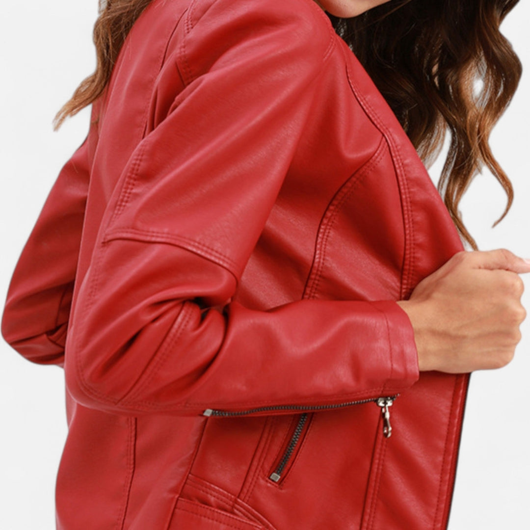 Veste style motard pour femme en matière synthétique avec col montant